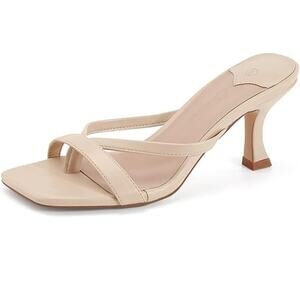 New Ermonn Womens Size 9.5 Tan Open Toe Thong Slide On 4" Heel Sandal Shoes